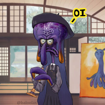 1girl baloolax beret black_hat commentary completely_unamused dress english_commentary flute forehead frown fusion hat highres holding holding_instrument hololive hololive_english instrument long_sleeves ninomae_ina&#039;nis ninomae_ina&#039;nis_(casual) official_alternate_costume painting_(object) recorder solo spongebob_squarepants_(series) squidward_tentacles takodachi_(ninomae_ina&#039;nis) tic-tac-toe trait_connection twitter_username unamused virtual_youtuber