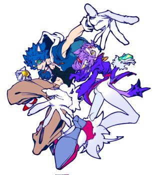 1boy 1girl @_@ black_shirt blaze_the_cat blue_hair blue_jacket bodysuit brown_pants chaos_emerald commentary_request dress gloves high_heels highres holding hood hoodie humanization jacket looking_at_viewer outstretched_arms pants purple_dress purple_hair shirt shoes smile sol_emerald sonic_(series) sonic_the_hedgehog white_background white_bodysuit yamika_(yamivibe_7)