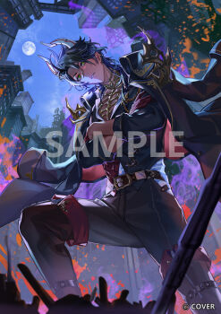Rule 34 | 1boy, aragami oga, belt, black coat, black pants, blue sky, cityscape, coat, coat on shoulders, commentary request, copyright notice, dark-skinned male, dark skin, feet out of frame, from below, full moon, gold trim, green eyes, grimace, head tilt, highres, hitokoto, holostars, horns, knee up, leg belt, long sleeves, looking at viewer, looking down, male focus, moon, multiple belts, official art, pants, sample watermark, sky, solo, virtual youtuber, watermark