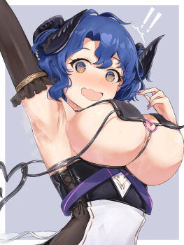 ! !! 1girl @_@ arm_up armpits blue_hair blush border bouncing_breasts breasts commentary_request demon_horns demon_tail embarrassed fingernails grey_background hair_between_eyes heart heart_o-ring highres horns idolmaster idolmaster_million_live! kodoneri_(user_quk1118) large_breasts long_fingernails looking_at_viewer nail_polish nervous_sweating o-ring open_mouth outside_border pink_nails short_hair sideboob simple_background solo sweat tail toyokawa_fuka underboob upper_body wardrobe_malfunction wavy_mouth white_border