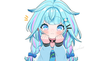 1girl :3 blue_bow blue_eyes blue_hair blue_shirt blunt_bangs bow braid choker closed_mouth commentary_request curled_fingers ear_piercing hair_bow hair_flaps hair_ornament hairclip hololive hololive_dev_is jacket light_blush long_sleeves looking_at_viewer low_twin_braids medium_hair mizumiya_su mizumiya_su_(1st_costume) multicolored_hair nishi_ao notice_lines o-ring o-ring_choker parallel_hairclips piercing pink_streaks print_shirt shirt simple_background solo streaked_hair twin_braids two-tone_hair upper_body virtual_youtuber white_background white_jacket x_hair_ornament