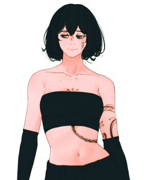 Rule 34 | arm tattoo, artificial eye, black hair, black pants, black sclera, black sleeves, black tube top, cheek tattoo, chest tattoo, colored sclera, detached sleeves, highres, mechanical eye, navel, original, pants, red eyes, simple background, snake tattoo, spindle (aidenr0), strapless, tattoo, tether (spindle (aidenr0)), tube top, white background
