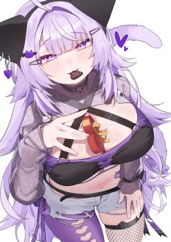 Rule 34 | 1girl, absurdres, ahoge, animal ear legwear, animal ears, belt, between breasts, black belt, black choker, black shirt, blunt bangs, box, breasts, candy, cat ear legwear, cat ears, cat girl, cat tail, chocolate, chocolate heart, choker, cleavage, commentary request, criss-cross halter, cropped shirt, ear covers, fishnet thighhighs, fishnets, food, grey shorts, hair ornament, hairclip, halterneck, hand up, heart, heart-shaped box, heart-shaped food, highres, hololive, jknor, large breasts, long hair, looking at viewer, messy hair, mouth hold, navel, nekomata okayu, nekomata okayu (gyaru), o-ring, o-ring choker, official alternate costume, official alternate hair length, official alternate hairstyle, open fly, pantyhose, purple eyes, purple hair, purple pantyhose, see-through shrug, shirt, short shorts, shorts, shrug (clothing), simple background, single leg pantyhose, single thighhigh, solo, sticker on stomach, stomach, tail, thighhighs, torn clothes, torn pantyhose, torn shorts, very long hair, virtual youtuber, white background