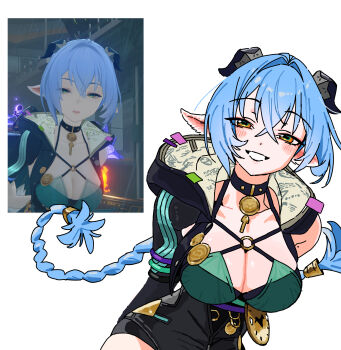 1girl absurdres accessories andii_(anzai_teachco) animal_ears arms_behind_back black_horns black_unitard blue_hair blush braid braided_twintails breasts choker cleavage commentary_request game_screenshot_inset goat goat_ears goat_girl goat_horns grin hair_between_eyes half-closed_eyes highres hood horizontal_pupils horns key key_choker leaning_forward long_hair looking_at_viewer lucia_elowen medallion mole mole_on_arm note pointy_ears reference_inset simple_background smile solo white_background yellow_eyes zenless_zone_zero