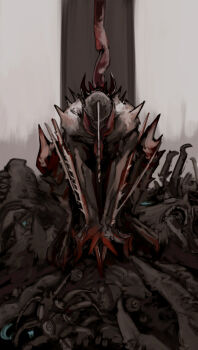 chainsaw chainsaw_devil chainsaw_man corpse death extra_arms grey_background hell_(chainsaw_man) highres horns hybrid intestines monster nakano_(2_mannaka) no_eyes no_humans open_mouth pile_of_corpses scar sharp_teeth solo spikes teeth