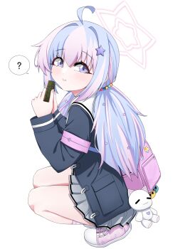 Rule 34 | 1girl, ?, absurdres, beads, blue archive, commentary request, grey serafuku, hair beads, hair ornament, halo, highres, korean commentary, long hair, long sleeves, multicolored hair, pink bag, pink hair, pink halo, purple eyes, purple hair, reisa (blue archive), rifnets (dtiko), school uniform, serafuku, smile, socks, solo, speech bubble, spoken question mark, squatting, star (symbol), star hair ornament, star halo, striped clothes, striped socks, twintails, two-tone hair, very long hair