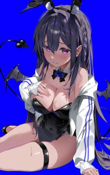 1girl absurdres animal_ear_fluff animal_ears bare_shoulders bat_wings black_bow black_headband black_shoes black_tail blue_background bow braid breasts cleavage demon_tail detached_collar double-parted_bangs eriwo122525 full_body hair_between_eyes hair_ornament hand_on_ground headband highres ichinose_uruha jacket large_breasts leotard light_blush long_hair off_shoulder open_clothes open_jacket playboy_bunny pointy_ears purple_eyes purple_hair rabbit_ears shoes simple_background sitting sleeves_past_wrists solo striped_clothes striped_jacket sweat sweatdrop symbol_in_eye tail thigh_strap thighs vertical-striped_clothes vertical-striped_jacket virtual_youtuber vspo! white_jacket wings yokozuwari