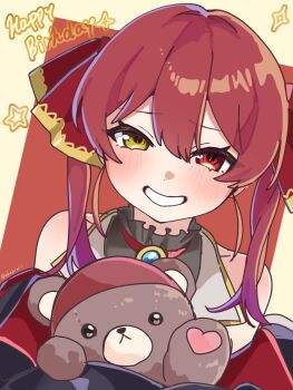 1girl bare_shoulders blush breasts commentary_request double-parted_bangs ekakimii happy_birthday heterochromia highres holding holding_stuffed_toy hololive houshou_marine houshou_marine_(1st_costume) long_hair looking_at_viewer red_eyes red_hair sleeveless smile solo stuffed_animal stuffed_toy teddy_bear twintails upper_body virtual_youtuber yellow_eyes