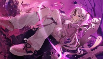 1girl absurdres ahoge asymmetrical_legwear bandaid bandaid_on_knee bandaid_on_leg bat_(animal) bat_ornament black_streaks blurry blurry_foreground bone bow commentary dutch_angle english_commentary fingernails fishnets from_below grin hair_between_eyes hair_bow hair_ornament hairpin heart_ornament highres holding holding_scythe indie_virtual_youtuber long_fingernails long_hair looking_at_viewer loose_socks mirukugatsu mismatched_legwear multicolored_hair nomu_(29_nom) parted_lips pentagram pink_arm_warmers pink_hair pink_nails pink_shoes pink_socks purple_eyes scythe second-party_source shoes single_fishnet_legwear skull smile socks solo streaked_hair striped_clothes striped_socks thigh_strap v v_over_mouth vertical-striped_clothes vertical-striped_socks very_long_hair virtual_youtuber white_socks white_streaks wing_hair_ornament