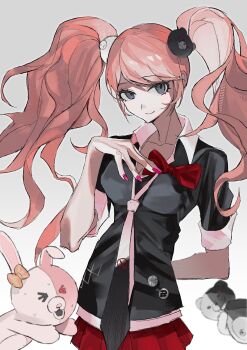 1girl absurdres bear_hair_ornament black_necktie black_shirt blonde_hair bow breasts collarbone danganronpa:_trigger_happy_havoc danganronpa_(series) enoshima_junko grey_background hair_ornament highres large_breasts lbhzp miniskirt monokuma monomi_(danganronpa) nail_polish necktie pink_nails pleated_skirt red_bow red_skirt shirt short_sleeves skirt smile twintails white_background white_necktie