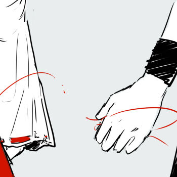 2girls babaiwan_fengchui black_skirt chinese_commentary commentary_request grey_background hakurei_reimu hand_focus kirisame_marisa multiple_girls red_skirt ribbon-trimmed_sleeves ribbon_trim simple_background skirt string string_of_fate touhou yuri