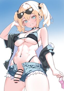 1girl abs absurdres bar_censor bikini black_bikini black_choker black_shirt blonde_hair blue_background blue_eyes breasts censored chinmeritto choker commentary_request condom condom_packet_strip condom_wrapper cowboy_shot denim denim_shorts ear_piercing eyewear_on_head flaccid foreskin futanari gradient_background grin hand_up highleg highleg_bikini highres holding holding_condom large_breasts looking_at_viewer navel navel_piercing open_fly original penis penis_out piercing shirt shirt_partially_removed short_hair short_shorts shorts smile solo stomach sunglasses swimsuit toned toned_female twintails