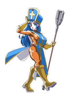 Rule 34 | 1girl, :d, blue hair, blue hat, blue tabard, bodysuit, boots, breasts, commentary request, cross, dragon quest, dragon quest iii, floating clothes, full body, gloves, gold trim, hat, highres, holding, holding staff, large breasts, long hair, looking to the side, mitre, mochimochinpo, open mouth, orange bodysuit, priest (dq3), red eyes, smile, solo, staff, tabard, white background, yellow boots, yellow gloves