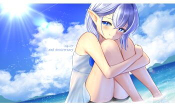 Rule 34 | 1boy, bare arms, bare legs, bare shoulders, basher, bike shorts, blue eyes, blush, boros (ouro kronii), cloud, commentary, crossdressing, crossdressing (mtf), dated, day, dress, dutch angle, english commentary, english text, grey hair, hair between eyes, highres, hololive, hololive english, hugging own legs, lens flare, long pointy ears, looking at viewer, male focus, outdoors, personification, pointy ears, sitting, sleeveless, sleeveless dress, smile, solo, sun, trap, virtual youtuber, water, water drop, wet, wet clothes, wet hair, white dress