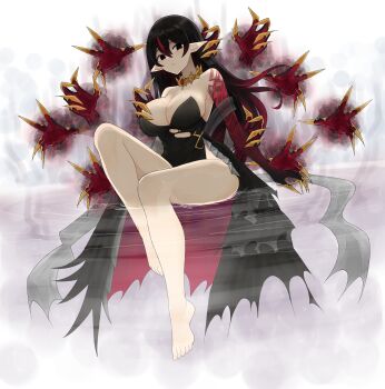1girl absurdres bad_link bare_legs barefoot bathing black_hair body_markings breasts clawed_hands cleavage disembodied_hand dress euna_(reizeeb) feet gem glaring gold_choker gold_trim hair_between_eyes highres hiharuharuka large_breasts long_bangs long_hair multicolored_hair onsen original pale_skin pointy_ears red_dress red_eyes red_gemstone red_hair revealing_clothes shiny_skin sideboob solo steam toenails torn_clothes torn_dress two-tone_dress two-tone_hair very_long_hair water