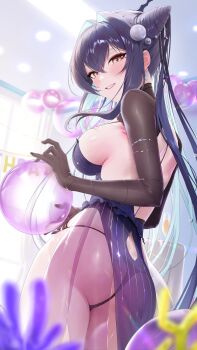 1girl absurdres ass black_dress black_hair black_panties breasts bubble commentary dress earrings from_behind goddess_of_victory:_nikke green_hair hair_intakes hair_ornament highres jewelry large_breasts little_mermaid_(abyss_flower)_(nikke) little_mermaid_(nikke) long_hair multicolored_hair official_alternate_costume panties rkin see-through_clothes see-through_dress sideboob smile solo sphere_hair_ornament symbol-only_commentary twintails two-tone_hair underwear very_long_hair yellow_eyes