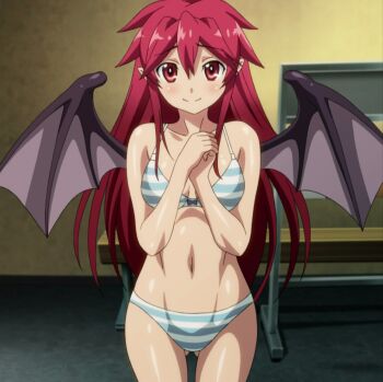1girl anime_screenshot bra breasts demon_girl demon_wings highres itadaki!_seieki looking_at_viewer red_hair setogaya_mari solo stitched striped_bra striped_clothes third-party_edit underwear vampire wings