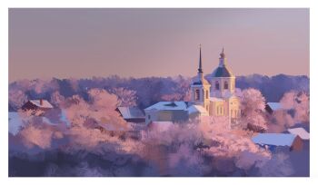 Rule 34 | border, building, church, commentary, dome, english commentary, evening, gjb870216, highres, landscape, no humans, original, outdoors, scenery, sky, snow, spire, white border, winter