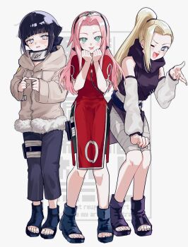 3girls :d :p ;d absurdres asako_(itiba) bandages black_hair black_pants black_shorts blonde_hair blue_eyes blush brown_jacket detached_sleeves dress forehead_protector full_body green_eyes haruno_sakura highres hyuuga_hinata index_fingers_together jacket konohagakure_symbol long_hair long_sleeves looking_at_viewer multiple_girls naruto_(classic) naruto_(series) one_eye_closed open-toe_shoes open_mouth pants pink_hair ponytail purple_eyes red_dress short_hair short_sleeves shorts smile standing sweatdrop tongue tongue_out white_background yamanaka_ino