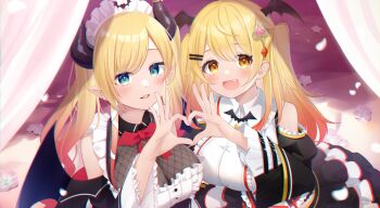 2girls bare_shoulders black_jacket black_wings blonde_hair blush breasts collared_shirt commentary_request curtains demon_girl demon_horns demon_wings flower frilled_shirt_collar frills green_eyes hair_between_eyes hair_ornament hairclip heart heart_hands heart_hands_duo highres hololive horns hot_kakigoori jacket juliet_sleeves large_breasts long_hair long_sleeves maid_headdress multiple_girls nail_polish orange_eyes petals pink_flower pink_nails pointy_ears puffy_sleeves shirt sleeveless sleeveless_shirt spade_hair_ornament twintails very_long_hair virtual_youtuber white_shirt wings yozora_mel yuzuki_choco