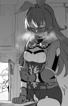 1girl aether_(genshin_impact) amber_(genshin_impact) belt blush breasts crotch_rub closed_eyes female_masturbation genshin_impact gloves goggles goggles_around_neck greyscale hair_between_eyes hair_ribbon highres long_hair masturbation medium_breasts monochrome okpriko pussy ribbon shorts three-quarter_sleeves solo_focus steam table_humping