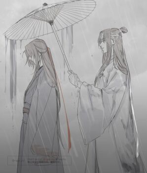 Rule 34 | 2boys, black hair, black hanfu, brown hair, chinese clothes, closed mouth, coat, commentary request, from side, grey coat, hair down, hair over eyes, hair ribbon, half updo, hanfu, headband, holding, holding umbrella, lan wangji, long hair, long sleeves, looking at another, looking down, male focus, modao zushi, monochrome, multiple boys, official alternate costume, official alternate hairstyle, oil-paper umbrella, open clothes, open coat, profile, rain, red ribbon, red sash, ribbon, robe, sash, shared umbrella, spot color, standing, topknot, twitter username, umbrella, very long hair, watermark, wei wuxian, wei wuxian (yiling laozu), wet, wet clothes, wet hair, white hanfu, white headband, wide sleeves, yaoi, ykmr (haga)