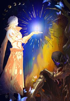 2boys absurdres antenna_hair arm_tattoo armlet armor armored_boots black_choker black_cloak black_coat black_pants black_shirt blue_eyes boots braid bug butterfly chest_tattoo chinese_commentary choker clawed_gauntlets cloak coat commentary_request earrings facial_tattoo flame_reaver_of_the_deepest_dark from_side gold_earrings gold_necklace highres honkai:_star_rail honkai_(series) hood hood_up hooded_cloak insect jewelry leg_armor male_focus mask medium_hair multiple_boys mydei_(honkai:_star_rail) neck_tattoo necklace open_clothes open_coat pants parted_bangs pauldrons profile red_tattoo shirt short_hair shoulder_armor side_braid single_pauldron sitting sun_symbol sun_tattoo tan tattoo waist_cape white_coat white_hair yuexili05034