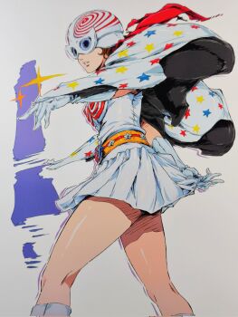 1girl bellstar belt brown_hair cape commentary covered_eyes feet_out_of_frame gloves helmet highres miniskirt parted_lips pleated_skirt print_cape red_scarf scarf shirt short_hair skirt smash_k-tarou solo sparkle standing star_(symbol) star_print the_kagestar thighs tokusatsu turning_head white_cape white_gloves white_helmet white_shirt white_skirt yellow_belt