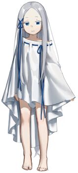 Rule 34 | 1girl, absurdres, barefoot, blue eyes, commentary request, dress, forehead, full body, grey hair, hair ribbon, hdk moon, highres, long hair, looking at viewer, pandora (re:zero), parted bangs, re:zero kara hajimeru isekai seikatsu, ribbon, sketch, smile, solo, very long hair, white background, white dress