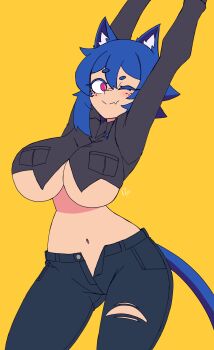 absurdres animal_ear_fluff animal_ears arms_up black_shirt blue_hair blue_pants blush breasts cat_ears cat_girl cat_tail closed_mouth collared_shirt cowboy_shot cropped_shirt denim doce fang freckles hair_between_eyes highres jeans large_breasts looking_at_viewer midriff navel one_eye_closed original pants pink_eyes shirt short_hair simple_background skin_fang smile tail torn_clothes torn_jeans torn_pants unbuttoned_pants underboob wink xiao_(docecaedrus) yellow_background
