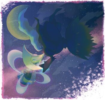 Rule 34 | border, commentary request, cresselia, darkrai, full body, gen 4 pokemon, hinekure, legendary pokemon, moon, mythical pokemon, night, nintendo, no humans, outdoors, pokemon, pokemon (creature), purple eyes, star (sky), white border