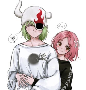 2girls anima_tion_1 arms_around_another's_waist arrancar bleach brown_eyes closed_mouth collarbone english_text green_hair hair_ornament hairclip hollow_hole hollow_mask kusajishi_yachiru lilynette_gingerbuck long_sleeves medium_hair multiple_girls pink_hair purple_eyes simple_background smile white_background