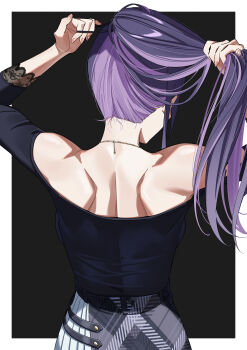 1girl absurdres arms_up back bare_shoulders black_background black_shirt border commentary facing_ahead from_behind grey_skirt hair_tie highres holding_own_hair jewelry ksp_(vtuber) lace-trimmed_sleeves lace_trim lone_nape_hair long_hair median_furrow meridian_project necklace off-shoulder_shirt off_shoulder outside_border plaid_clothes plaid_skirt ponytail purple_hair ryoyu_(ryoyustarlight) shirt shoulder_blades simple_background skirt solo three-quarter_sleeves tying_hair upper_body virtual_youtuber white_border