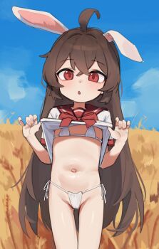 1girl absurdres ahoge animal_ears bikini bikini_under_clothes brown_hair clothes_lift cloud commentary_request flat_chest groin highres korean_commentary kosobin lifting_own_clothes loli long_hair looking_at_viewer micro_bikini navel no_pants open_mouth original outdoors rabbit_ears rabbit_girl red_eyes school_uniform serafuku shirt shirt_lift short_sleeves side-tie_bikini_bottom sky solo standing stomach swimsuit thigh_gap thighs white_bikini white_shirt