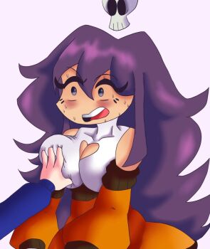 1boy 1girl artist_request blue_sweater blush breasts cleavage_cutout clothing_cutout female_focus friday_night_funkin' groping groping_breast large_breasts no_sclera open_mouth orange_sweater purple_hair sexual_harassment shocked_pupils simple_background skull solo_focus source_request sweat sweater teeth upper_teeth_only white_background