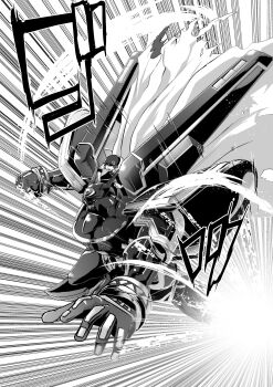2boys akeikou alphamon armor clenched_hand digimon digimon_(creature) flying full_body greyscale looking_ahead mameo_(digimon) mechanical_wings monochrome motion_lines multiple_boys serious simple_background white_background wings