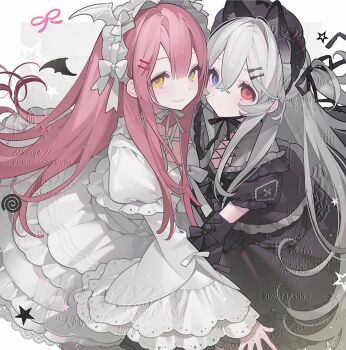 Rule 34 | 2girls, black dress, blush, dress, frills, hair between eyes, hair ornament, long hair, multiple girls, non-web source, original, pink hair, puffy sleeves, red eyes, ribbon, short sleeves, simple background, smile, very long hair, wings, yuanyunyu 3y