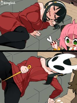 2girls absurdres anya_(spy_x_family) black_hair bongftah breasts cosplay couch highres hollow_knight hollow_knight:_silksong hornet_(hollow_knight) knife large_breasts leggings mask multiple_girls on_couch pink_hair scissors sleeping spy_x_family sweater yor_briar