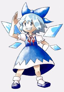 1girl blue_bow blue_dress blue_eyes blue_hair bow cirno dress faux_retro_artstyle faux_traditional_media highres ice ice_wings mary_janes nintendo parody pokemon praeto red_bow shoes solo style_parody sugimori_ken_(style) touhou white_background wings