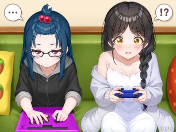 !? ... 2girls arcade_stick bangs_pinned_back black_hair black_jacket blue_hair blush braid breasts cardigan cleavage closed_mouth collarbone commentary_request commission controller couch dualsense game_controller grey_cardigan hazuki_ren highres holding holding_controller holding_game_controller hood hood_down hooded_jacket in-franchise_crossover indoors jacket joystick long_hair love_live! love_live!_sunshine!! love_live!_superstar!! medium_breasts multiple_girls nightgown official_alternate_hairstyle on_couch open_cardigan open_clothes open_mouth parted_bangs peanut_mouth pink_eyes playstation_controller rabineru single_bare_shoulder single_braid sitting skeb_commission sleepwear sleeveless sleeves_rolled_up speech_bubble spoken_ellipsis spoken_interrobang three-quarter_sleeves tsushima_yoshiko twitter_username white_nightgown