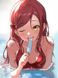 Rule 34 | 1girl, absurdres, bikini, blush, borgbutler, breasts, commentary request, eating, food, front-tie bikini top, front-tie top, hair ornament, highres, holding, holding food, holding popsicle, long hair, looking at viewer, love live!, love live! sunshine!!, medium breasts, one eye closed, open mouth, partial commentary, partially submerged, popsicle, red bikini, red hair, reflection, sakurauchi riko, smile, solo, swimsuit, tongue, tongue out, upper body, water, wet, yellow eyes
