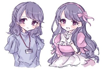 2525su88 black_hair commentary_request dress earrings finger_to_cheek floating_hair frilled_dress frilled_gloves frills fukumaru_koito gloves grey_dress hair_ornament headband id_card idolmaster idolmaster_shiny_colors jewelry lanyard long_hair looking_at_viewer office_lady official_alternate_costume pearl_earrings pink_dress pink_ribbon puffy_sleeves purple_eyes ribbon simple_background swept_bangs wavy_hair white_background white_gloves