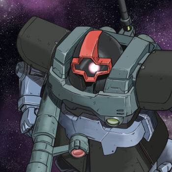 bazooka_(gundam) derivative_work gundam highres looking_at_viewer machinery mecha mecha_focus mixed-language_commentary mobile_suit_gundam nebula no_humans one-eyed primate_nemesis rick_dom robot science_fiction scope space upper_body zeon zero_gravity
