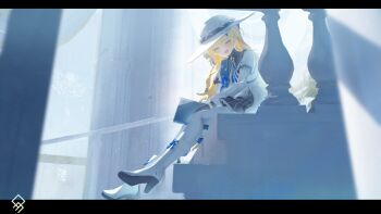 1girl absurdres artist_logo blonde_hair blue_sash book boots closed_eyes commentary english_commentary facing_to_the_side facing_viewer from_side hair_ornament hat high_heel_boots high_heels highres holding holding_book letterboxed logo long_hair long_sleeves on_stairs open_mouth pantyhose phoebe_(wuthering_waves) qurami sash shirt sitting skirt smile solo white_boots white_hat white_pantyhose white_shirt white_skirt wuthering_waves x_hair_ornament