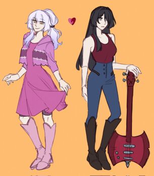 2girls acheron_(honkai:_star_rail) adventure_time ax_bass axe bass_guitar battle_axe black_boots black_hair black_swan_(honkai:_star_rail) boots charathegay cosplay denim dress female_focus full_body grey_eyes heart high-waist_pants highres holding holding_axe honkai:_star_rail honkai_(series) hood hoodie instrument jeans knee_boots long_hair looking_at_viewer marceline_abadeer marceline_abadeer_(cosplay) multiple_girls pale_skin pants pink_boots pink_dress pink_hoodie ponytail princess_bonnibel_bubblegum princess_bonnibel_bubblegum_(cosplay) red_tank_top smile tank_top weapon white_hair yellow_background yellow_eyes yuri