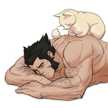 Rule 34 | 1boy, arm hair, bara, biceps, black hair, cat, closed eyes, commentary, english commentary, highres, male focus, marvel, muscular, muscular male, sleeping, topless male, white background, wolverine (x-men), x-men, y38737