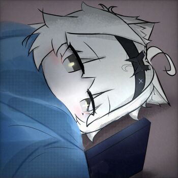 Rule 34 | 1girl, adversarial noise, ahoge, animal ears, black hairband, cellphone, chibi, chibi only, commentary, english commentary, grey eyes, grey hair, hairband, highres, holding, holding phone, long hair, looking at phone, mismatched pupils, no. 21: feral (pgr), no. 21 (pgr), no mouth, phone, punishing: gray raven, sanx7, smartphone, solo, star-shaped pupils, star (symbol), symbol-shaped pupils, under covers, wolf ears, wolf girl, yellow pupils