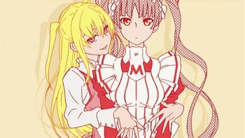 1boy 1girl animated animated_gif anime_screenshot assisted_exposure blonde_hair bouncing_breasts breasts brown_hair censored censored_by_text censored_nipples detached_collar dithering expressionless long_hair maid maria_holic medium_breasts mole mole_under_eye no_bra red_eyes school_uniform shidou_mariya shinouji_matsurika skirt trap twintails two_side_up undressing unmoving_pattern upper_body