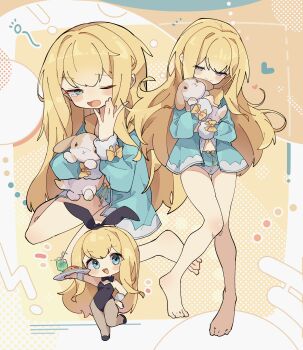 1girl absurdres animal black_leotard blonde_hair blue_eyes blue_jacket blue_panties borrowed_character bow chibi colorful_background commission deformed double-parted_bangs drink fur-trimmed_sleeves fur_trim heart highres holding holding_animal jacket leotard multiple_views navel no_pants open_clothes open_jacket original panties playboy_bunny rabbit second-party_source skeb_commission squeans tontoro_(touboiawbyozggn) tray underwear wrist_bow yawning yellow_background yellow_bow yellow_collar