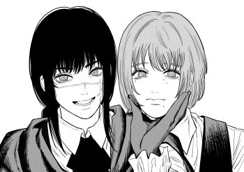 2girls black_gloves black_hair chainsaw_man death_devil_(chainsaw_man) demon_girl famine_devil_(chainsaw_man) fourth_east_high_school_uniform gloves greyscale hand_on_another&#039;s_face highres kiunchiku monochrome multiple_girls multiple_moles ringed_eyes school_uniform siblings sisters smile wavy_mouth white_background yoru_(chainsaw_man)